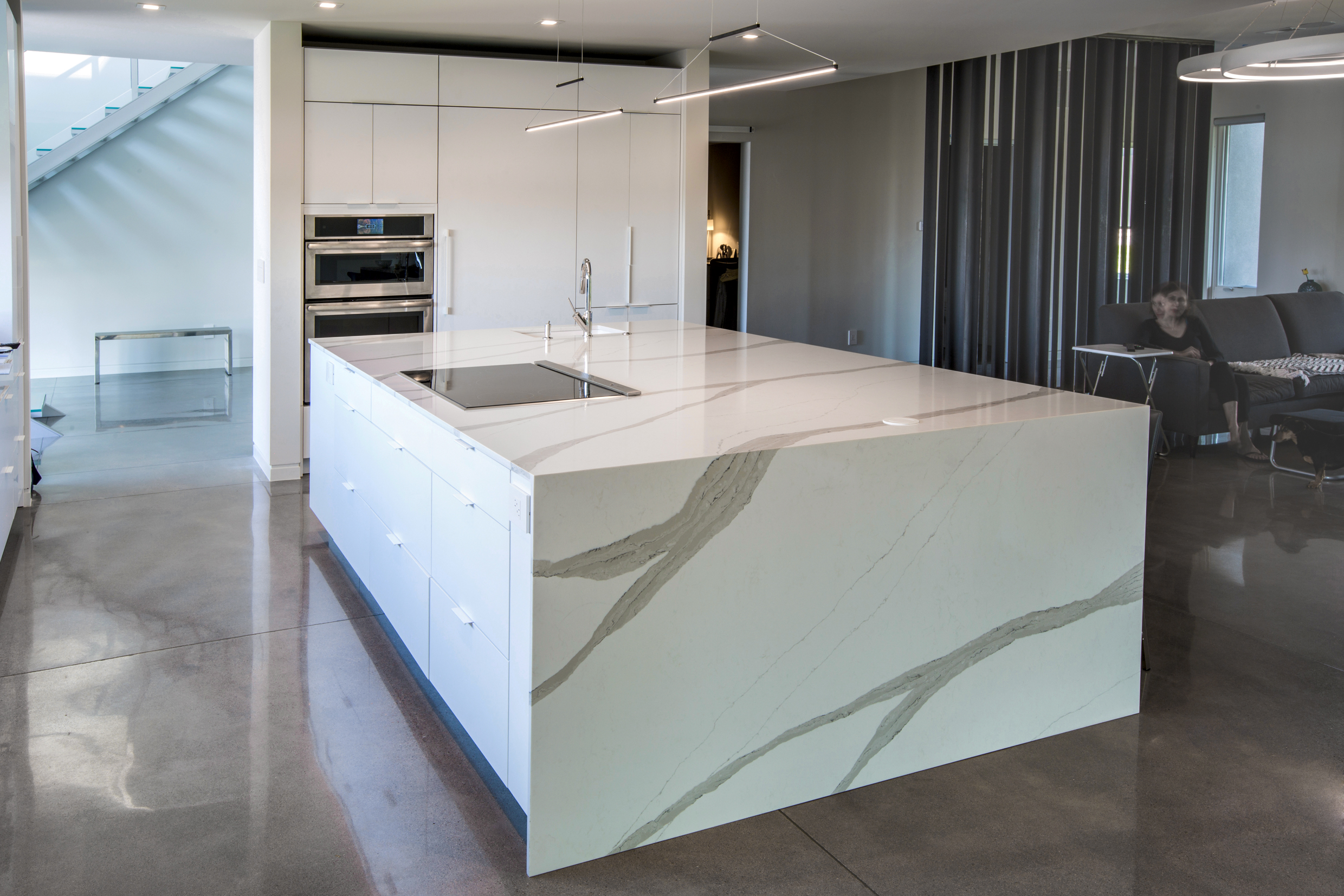 kitchen island 2cm Arabescato quartz pental surfaces, yk stone center denver, fabrication and installation company denver